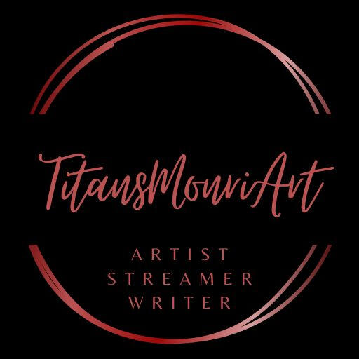 The image features a circular logo with a black background. The text "TitansMonriArt" is prominently displayed in a stylish red font at the center. Below it, the words "ARTIST STREAMER WRITER" are arranged in a smaller red font. The design includes two cur