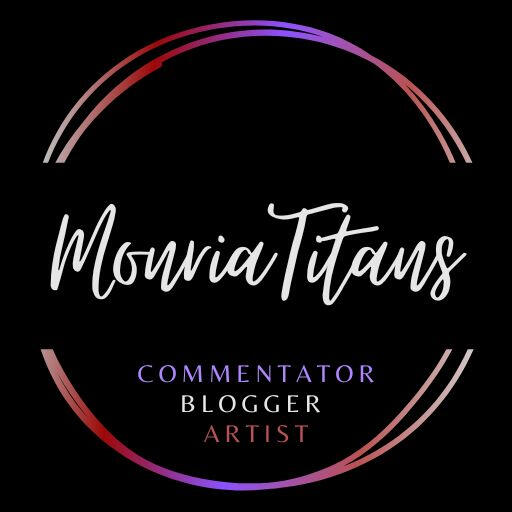 The image features a circular logo with a black background. The text "MonriaTitans" is prominently displayed in a stylish light grey or silver font at the center. Below it, the words "BLOGGER STREAMER ARTIST" are arranged in a smaller font, with "BLOGGER"