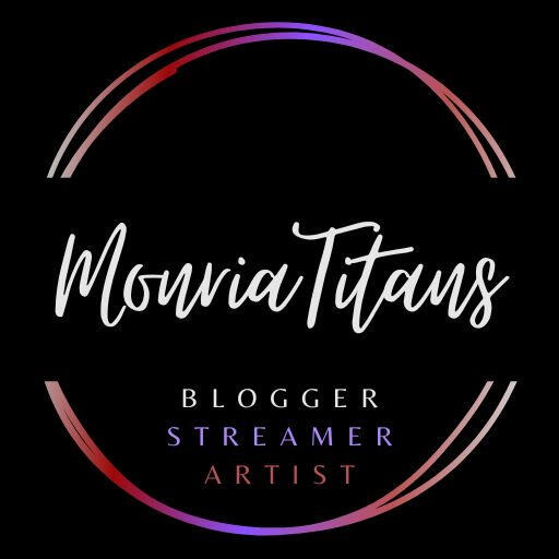 The image features a circular logo with a black background. The text "MonriaTitans" is prominently displayed in a stylish light grey or silver font at the center. Below it, the words "BLOGGER STREAMER ARTIST" are arranged in a smaller font, with "BLOGGER"