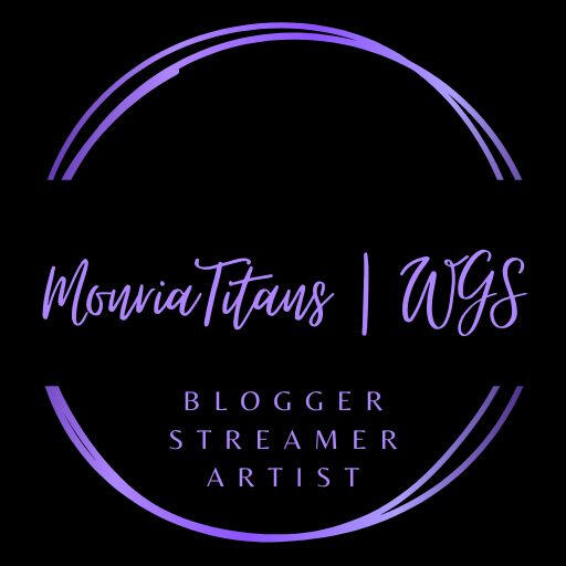 The image features a circular logo with a black background. In the center, the text "MonriaTitans | WGS" is displayed in a stylish light purple font. Below this, the words "BLOGGER STREAMER ARTIST" are written in a smaller, purple font. The design includes